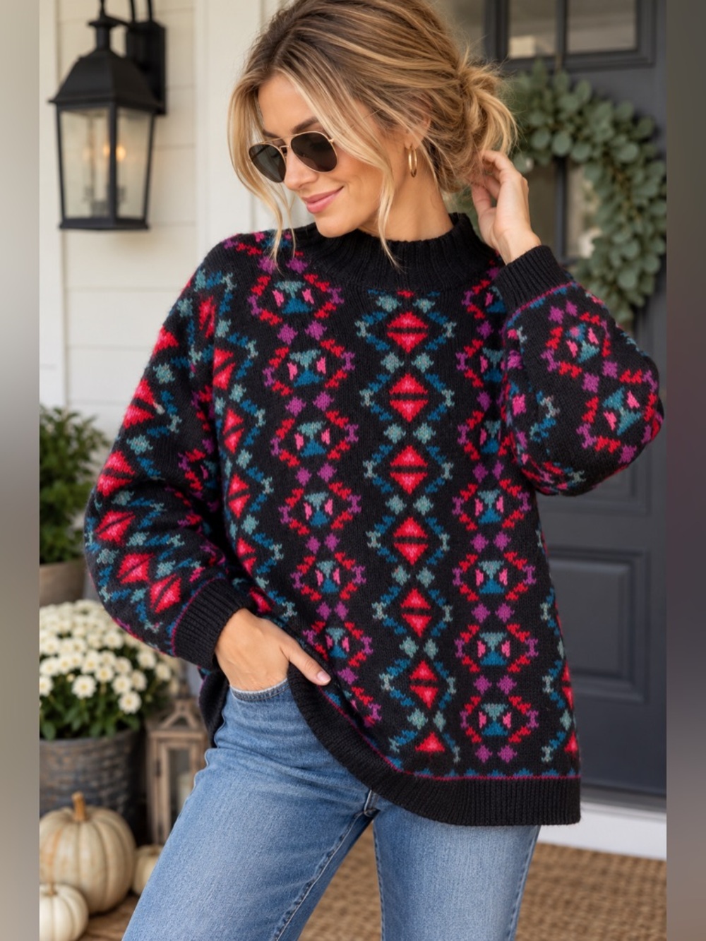 Vintage 90s L.L.Bean Women’s L 100% Wool Geometric Mock Neck Colorful Sweater